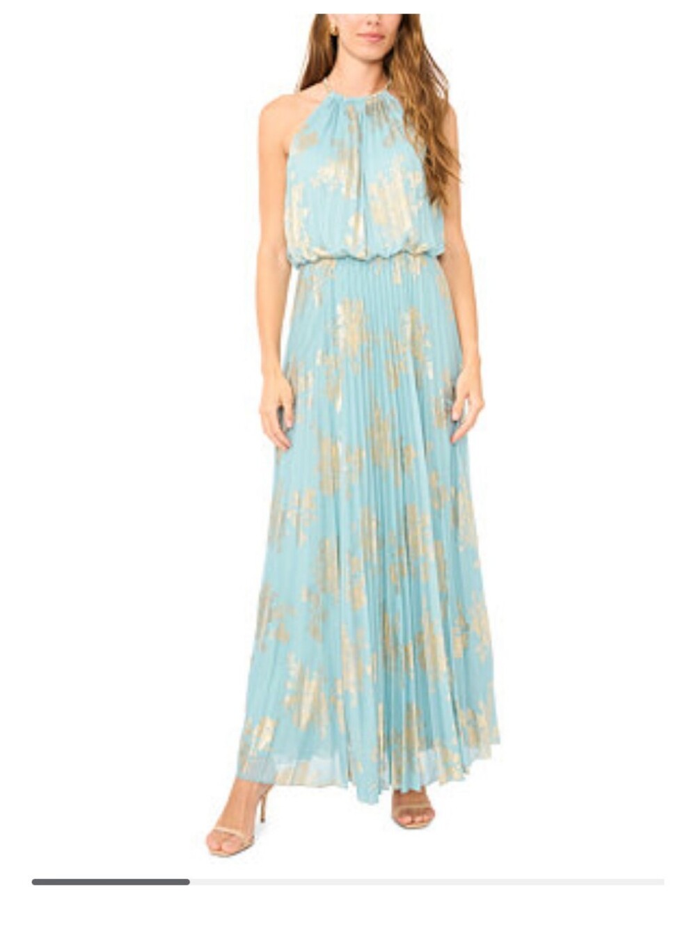 Xscape Sage And Gold Pleated Maxi Skirt with Gold Foil Accents
